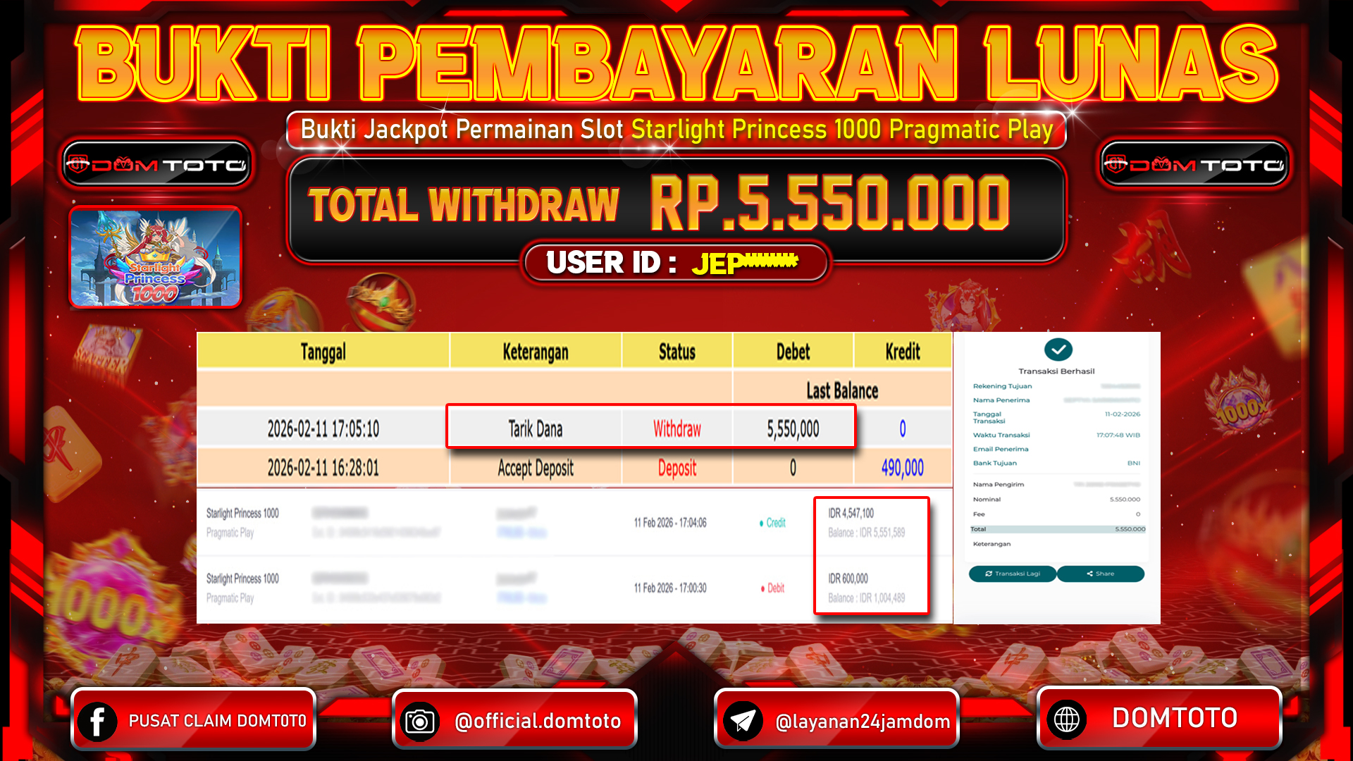 JACKPOT SLOT Menang Slot Starlight Princess 1000 Pragmatic Play 11 FEBRUARI 2026